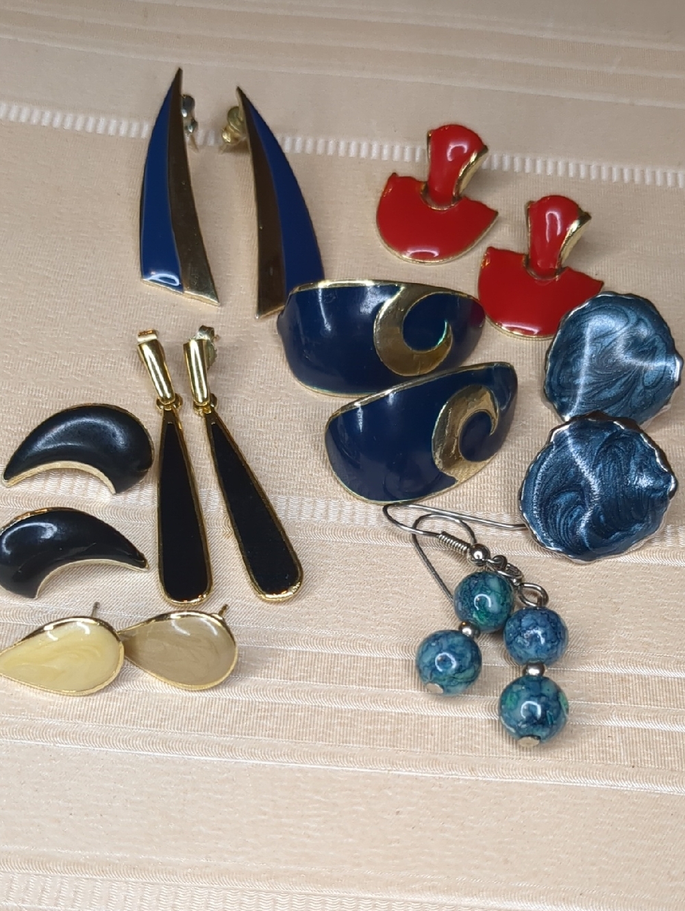 Vintage 80s Navy Blue & Red Enamel Earrings Dangle Door Knocker Pierced - Lot 8